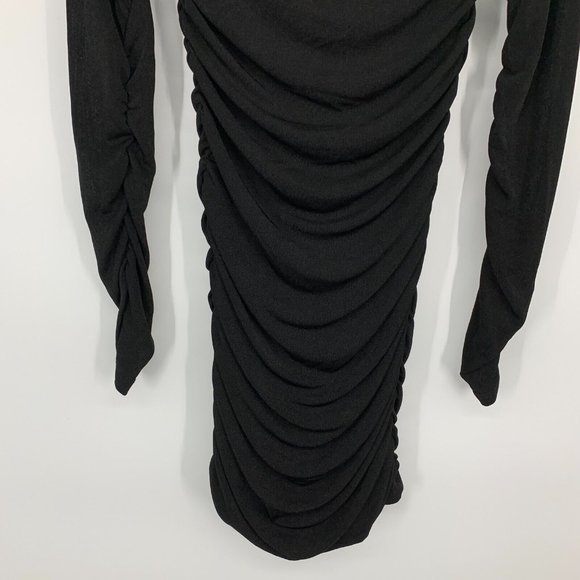 Bardot Dress Demi Black V Neck Ruched Long Sleeve Mini Bodycon - Picture 12 of 12